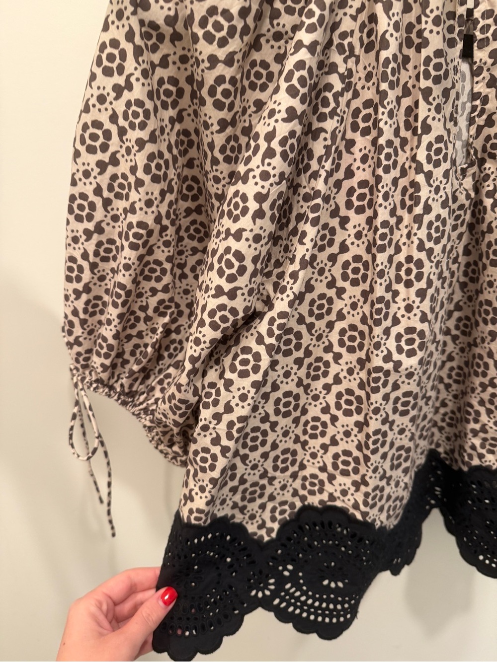 RHODE Cream and Black Floral Puff-Sleeve Blouse with Crochet Hem - Picture 6 of 6